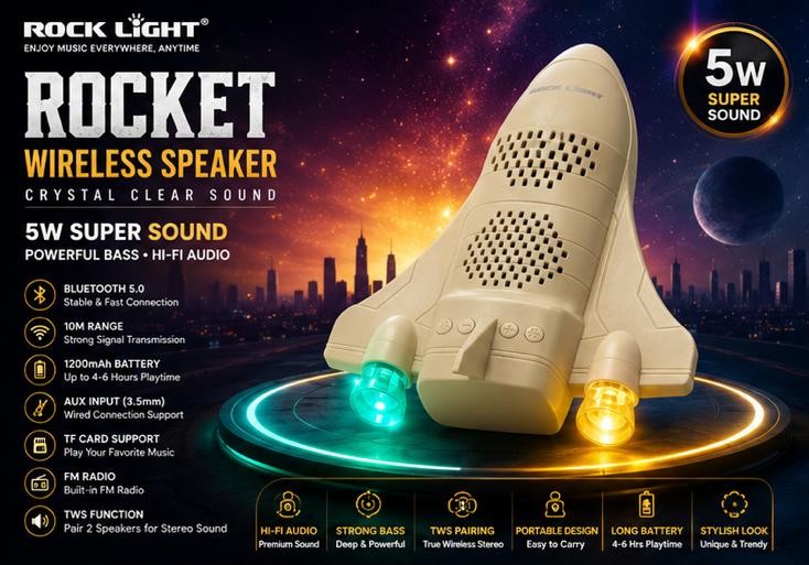 Rock Light Rocket Wireless Speaker – 5W Bluetooth Portable Speaker with FM Radio, TF Card & TWS
