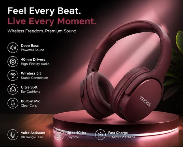 TRIGGR Wireless Bluetooth 5.3 Over-Ear Headphones – Deep Bass, 50 Hours Playtime & Fast Charging