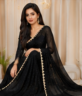 Women's Premium Designer Georgette Saree with Golden Embroidered Border & Matching Blouse